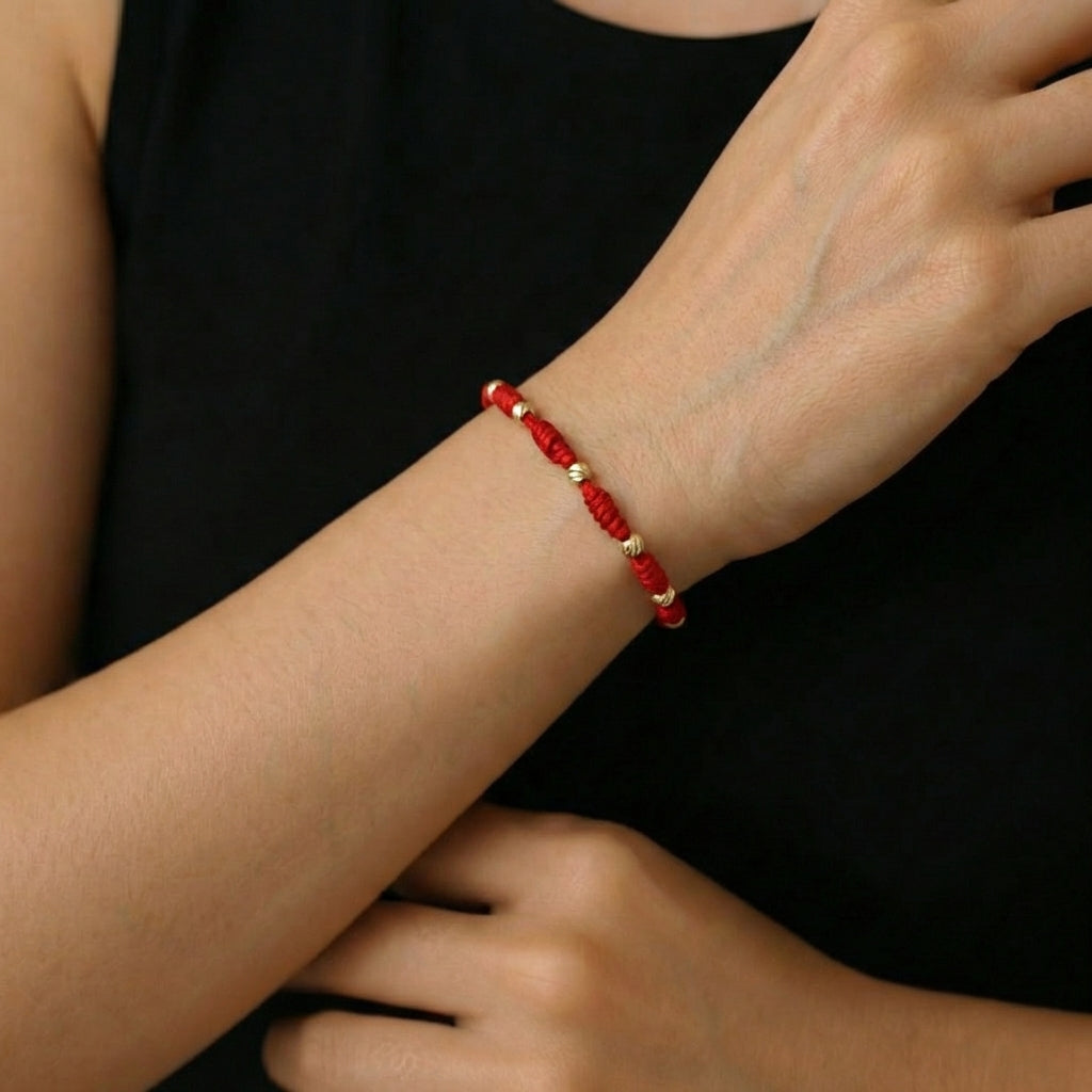 Pulsera Tejida Roja Bolas Diamantadas 3Mm Oro Amarillo 18K
