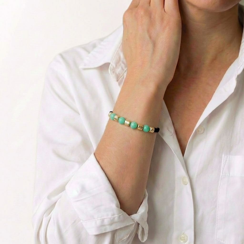 Pulsera Tejida Negra Morralla Esmeralda 5Uni Oro Amarillo 18K