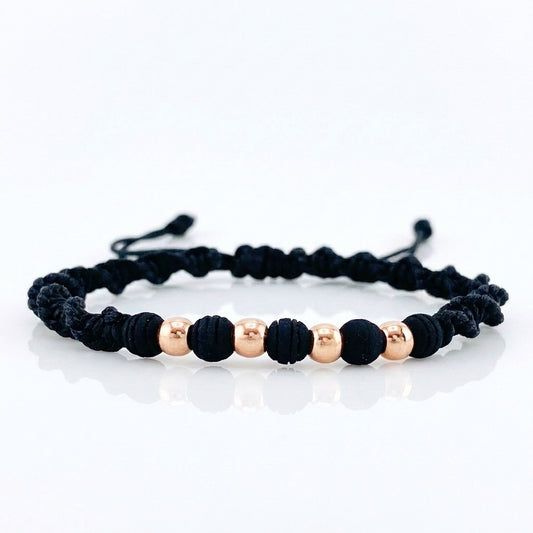 Pulsera Tejida Negra Bolas Lisas 4 Und / 4Mm Oro Rosa 18K (A.C)