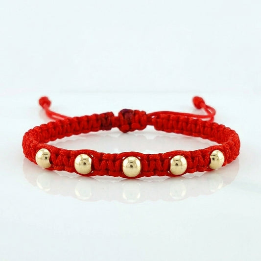 Pulsera Tejida Roja Bolas Lisas 5 Und / 4Mm Oro Rosa 18K (A.C)