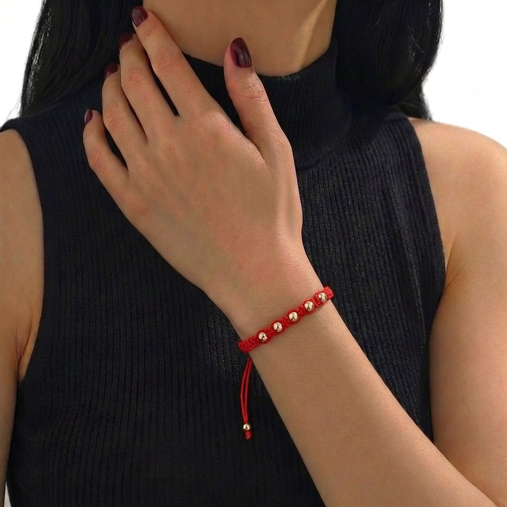 Pulsera Tejida Roja Bolas Lisas 5 Und / 4Mm Oro Rosa 18K (A.C)