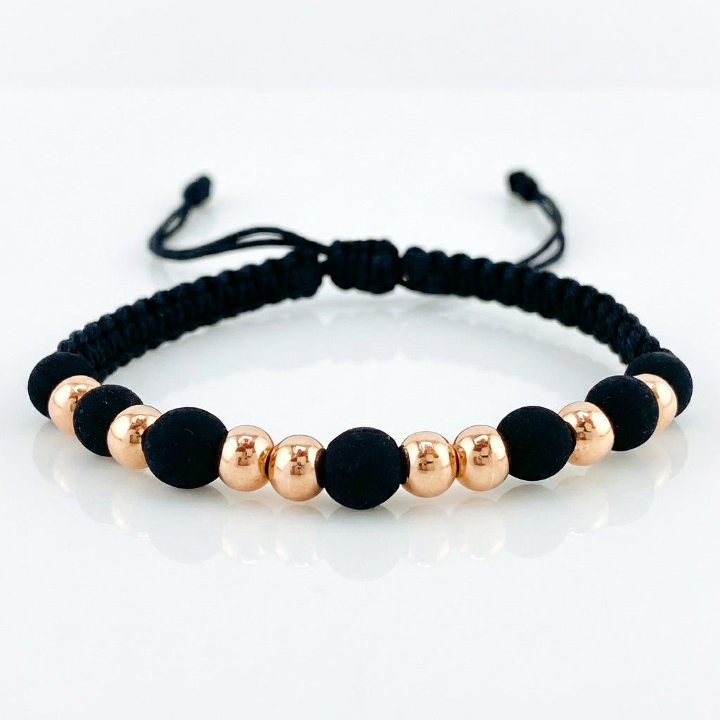Pulsera Tejida Negra Bolas Lisas 8 Und / 5Mm Oro Rosa 18K (A.C)