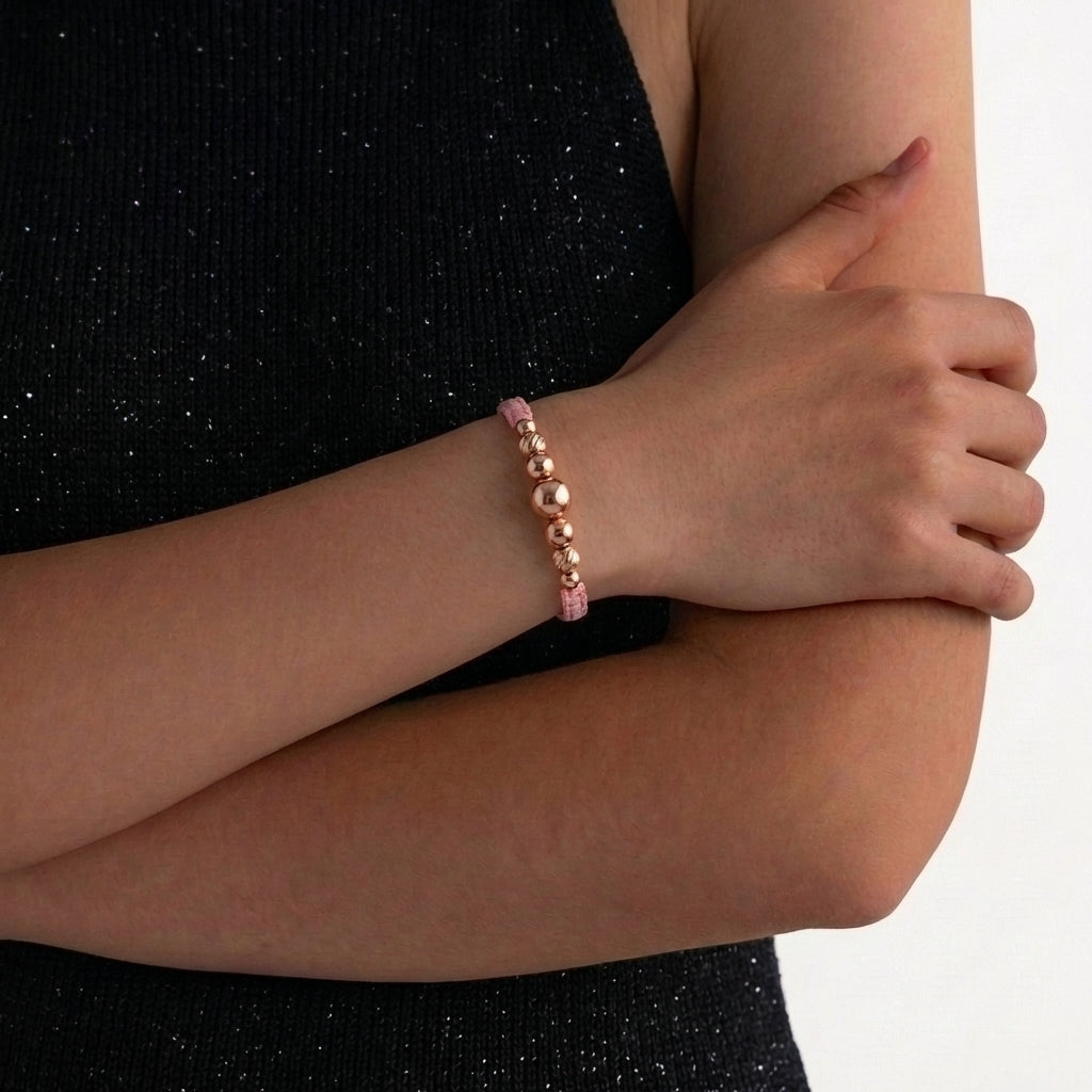 Pulsera Tejida Rosada Lisas 3 Und / 5Mm-6Mm / Diamantadas 4 Und / 3Mm-4Mm Oro Rosa 18K (A.C)