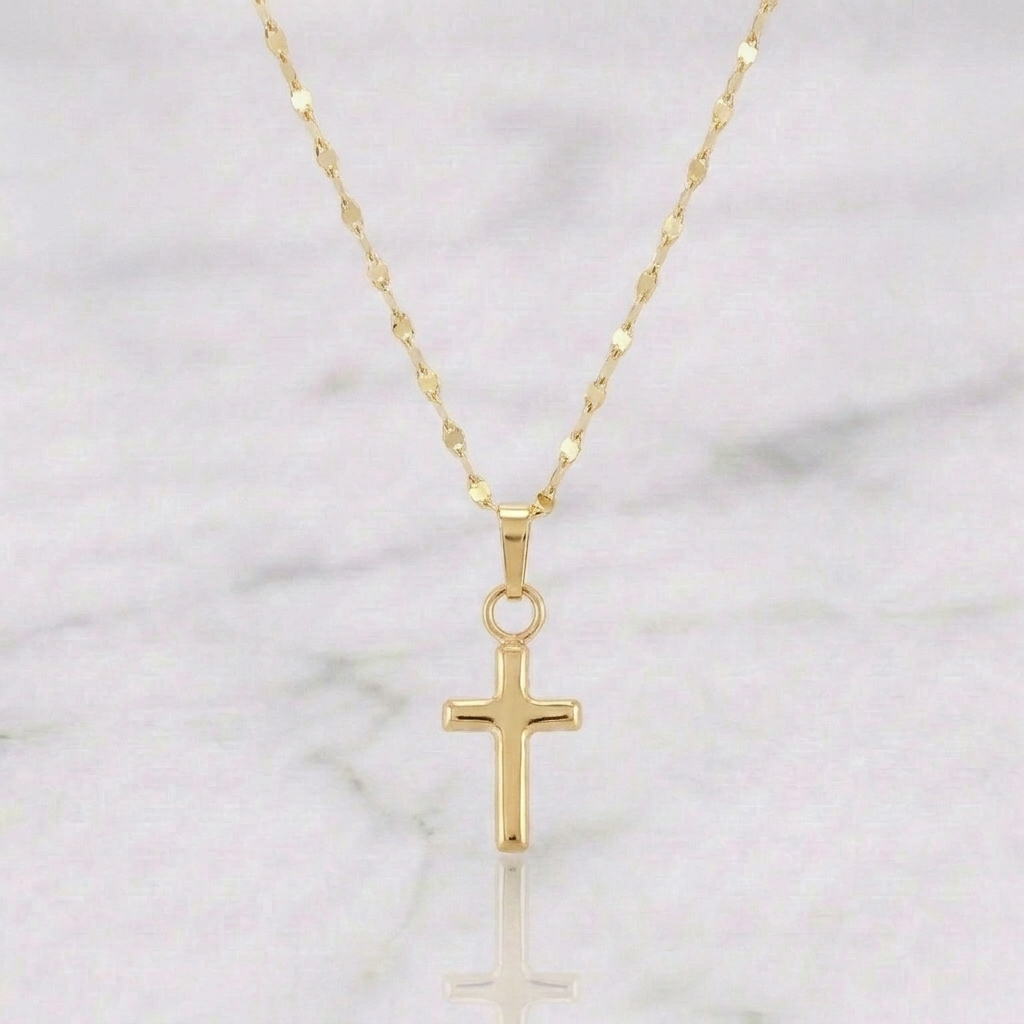 Set Mirror Flower Chain + Plain Cross Pendant / 1gr / 17 3/4 in 18K Yellow Gold
