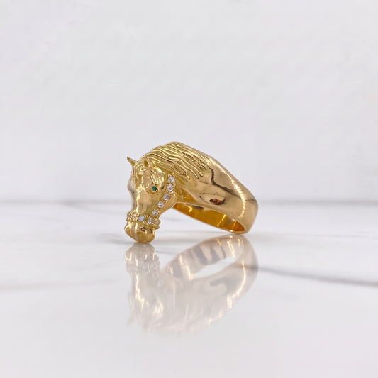Horse Ring Custom 24.85gr / T9 1/2 / White Green Zircons Yellow Gold $