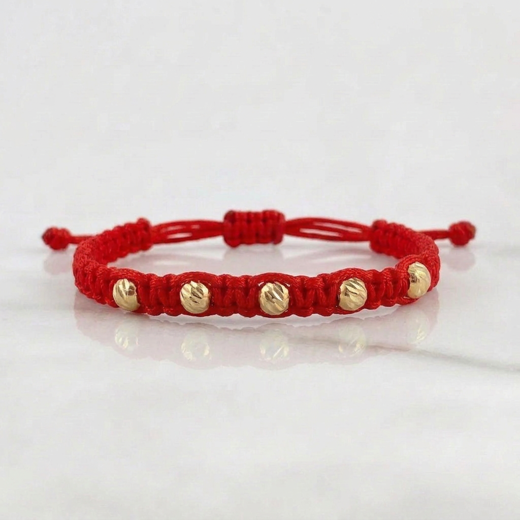 Pulsera Roja Bolas 4mm 5 Und Diamantadas Oro Amarillo 18K (A.C)