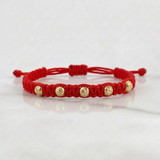 Pulsera Roja Bolas 4mm 5 Und Diamantadas Oro Amarillo 18K (A.C)