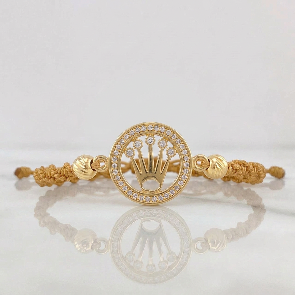 Woven Brown Bracelet Circle Crown Beads Diamond Cut Yellow Gold 18K