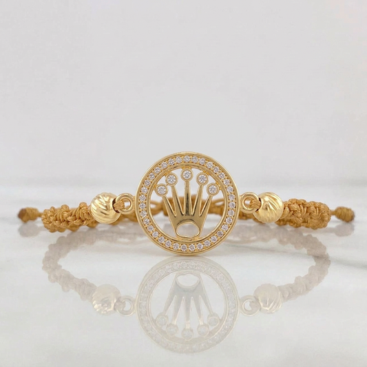 Pulsera Tejida Cafe Circulo Corona Bolas Diamantadas Oro Amarillo 18K
