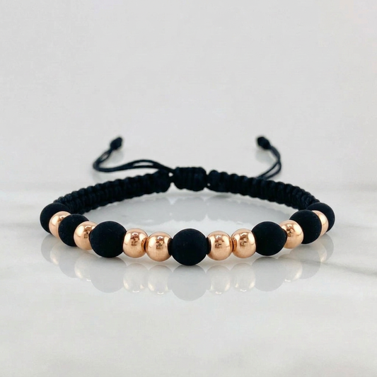 Black Woven Bracelet Plain Beads 8 Pcs / 5Mm 18K Rose Gold