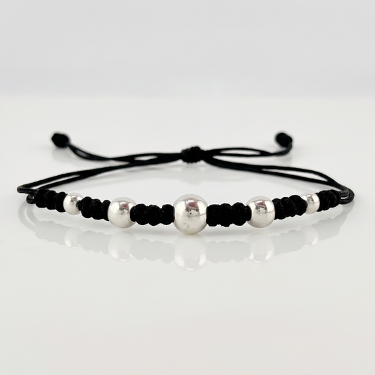 Pulsera Negra Secuencia Lisa 5und / 3mm-5mm Oro Blanco 18K  (A.C)