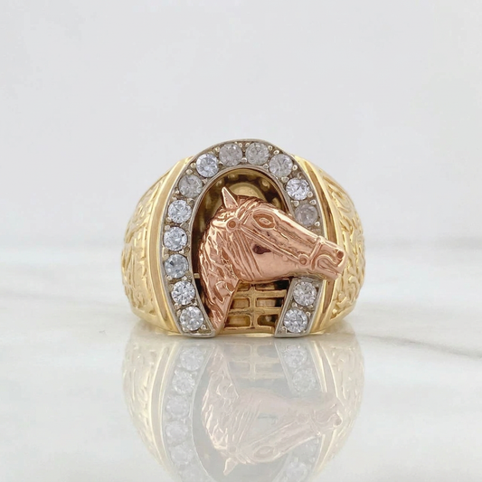 Horse Horseshoe Ring 16.4gr / Size 9 1/2 / White Zircons Three 18K Golds $