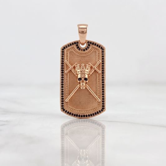 Pendant Skull Plate Swords 14.6gr / 4.5cm / Rectangle Black Zircons Rose Gold