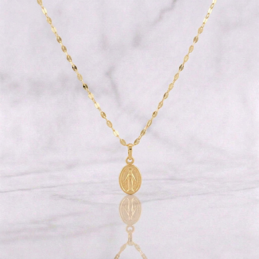 Set Cadena Flor Espejo + Dije Virgen Milagrosa / 1.25g / 18 in Oro Amarillo 18K