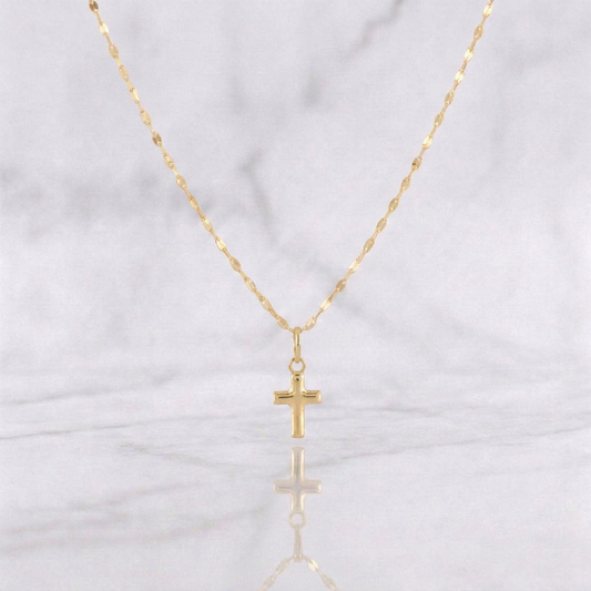 Set Cadena Flor Espejo + Dije Cruz / 1.1g / 18 in Oro Amarillo 18K