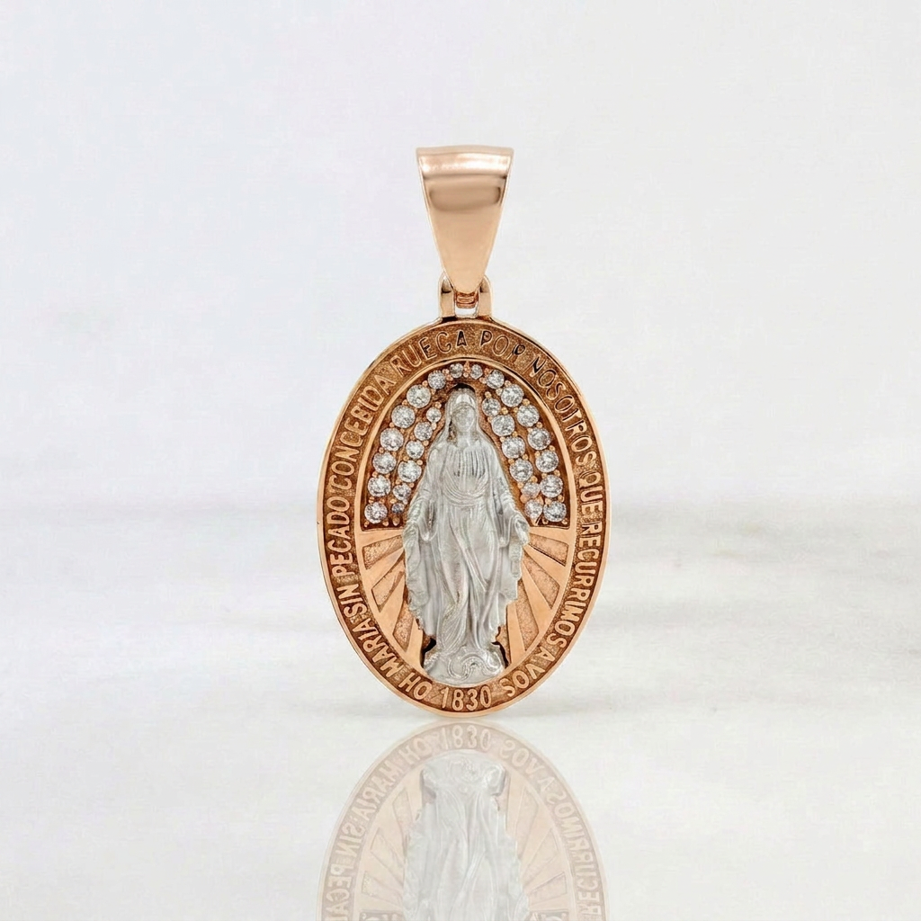 Dije Virgen Milagrosa 4.4gr / 1 1/4 in / Dos Oros Blanco Rosa 18K $