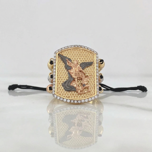 Black Bracelet Charm Plate Saint Michael Archangel 44.4g / 8mm Diamond Cut Beads Textured White Zirconia Three Golds 18K ©