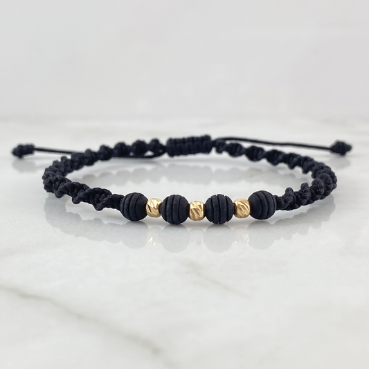 Pulsera Negra 3mm 3 Und Bolas Diamantadas Neoprenos Oro Amarillo 18K (A.C)