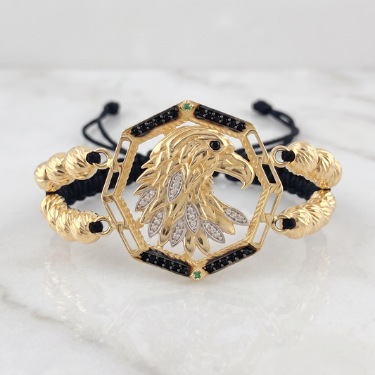 Pulsera Negra Medallon Aguila Bolas Diamantadas 16 und 10.75gr / 6mm-5mm Oro Amarillo 18K *