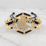 Pulsera Negra Medallon Aguila Bolas Diamantadas 16 und 10.75gr / 6mm-5mm Oro Amarillo 18K *