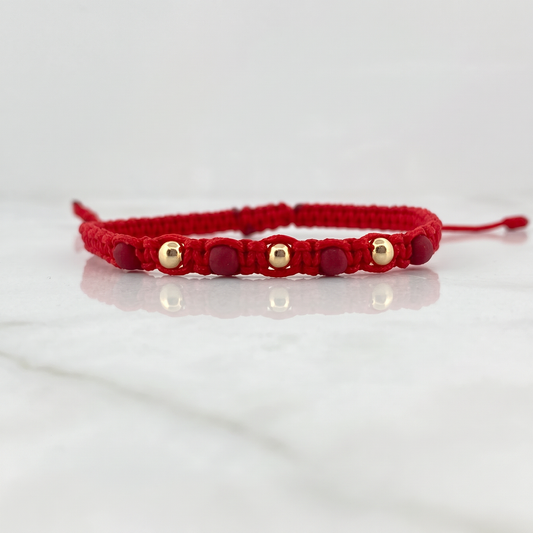 Pulsera Roja 4mm 3 Und Bolas Lisas Neoprenos Oro Amarillo 18K (A.C)