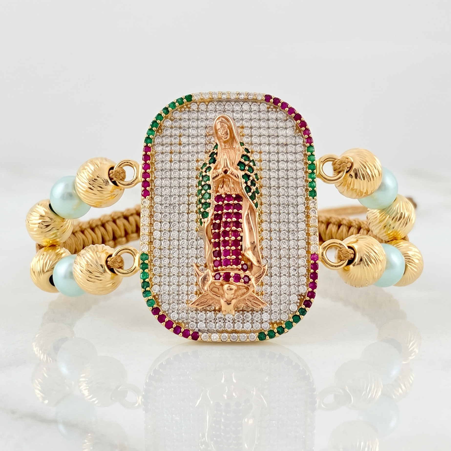 Pulsera Tejida Virgen de Guadalupe Dos Oros Amarillo Rosa 18K