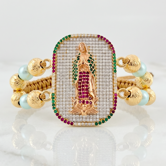 Pulsera Tejida Virgen de Guadalupe Dos Oros Amarillo Rosa 18K