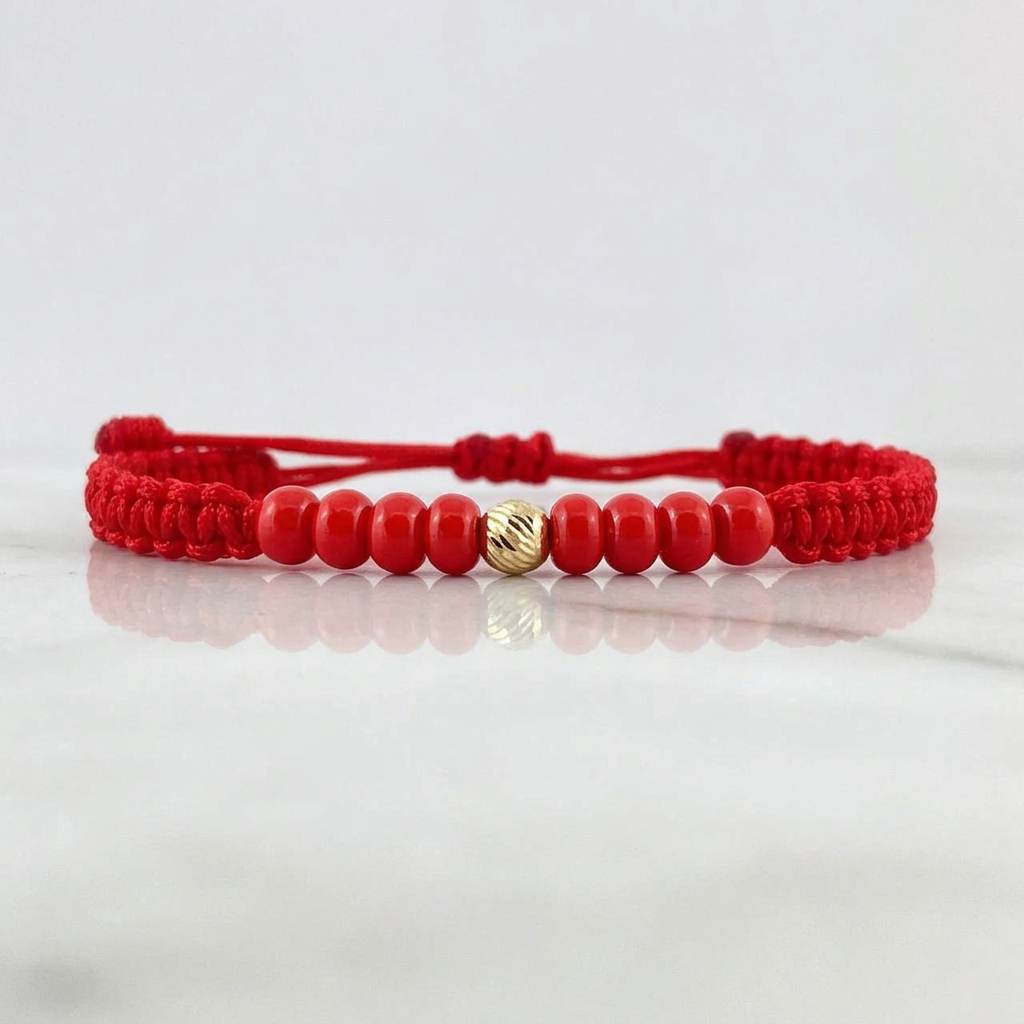 Red Mustard Seed Bracelet 4mm 1 Pc Diamond Cut Bead 18K Gold Yellow (A.C)