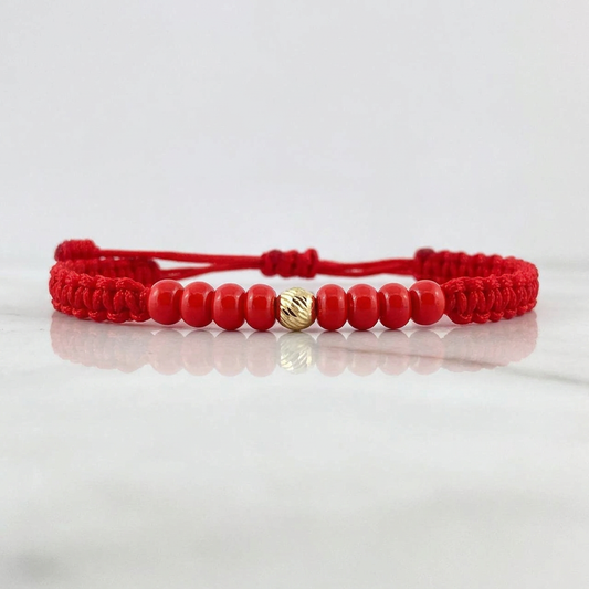 Pulsera Roja Mostazillas 4mm 1 Und Bola Diamantada Oro Amarillo 18K (A.C)