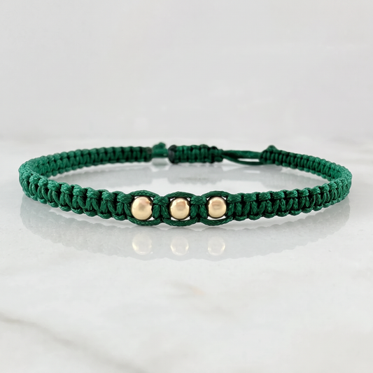 Green Woven Bracelet Plain Beads Yellow Gold 18K