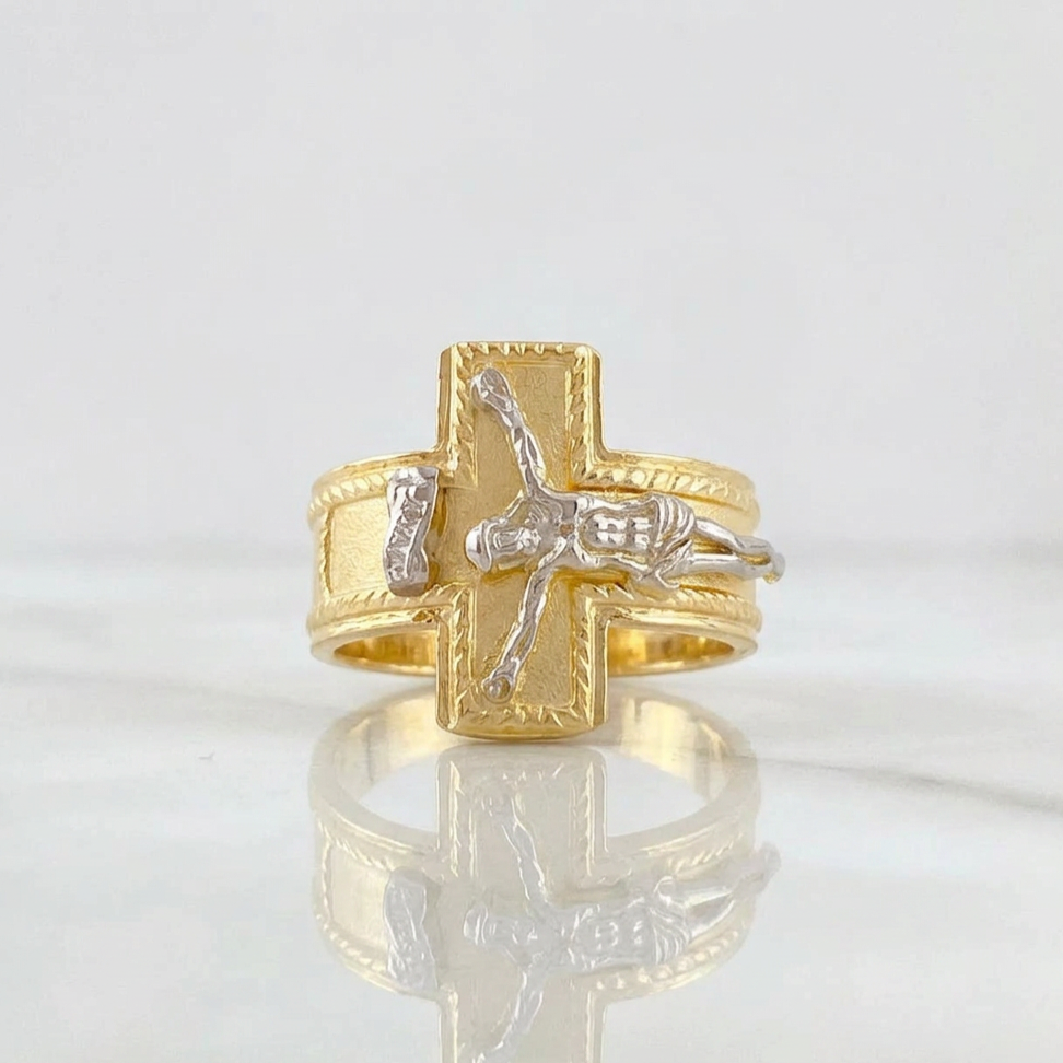 Anillo Cruz Cristo Bordeado 4.1g / T10 Dos Oros Amarillo Blanco 18K