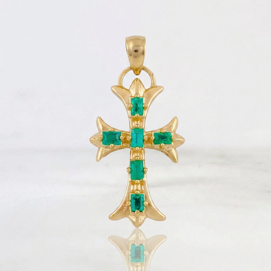 Pendant Trifoliate Cross with Dotted Emeralds 95Pts 3.9 g / 1 1/2 in 18K Yellow Gold