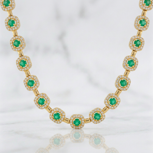 Diamond Tennis Chain 3.48cts Emerald 5cts 25.6g / 18 in / 5.5mm 18K Yellow Gold