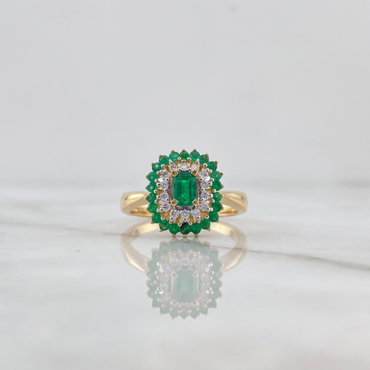 Dense Rectangle Ring 4.05gr / Size 6 1/4 / Emeralds 58 Pts Diamonds 12 Pts 18K Yellow Gold (Jewel) &