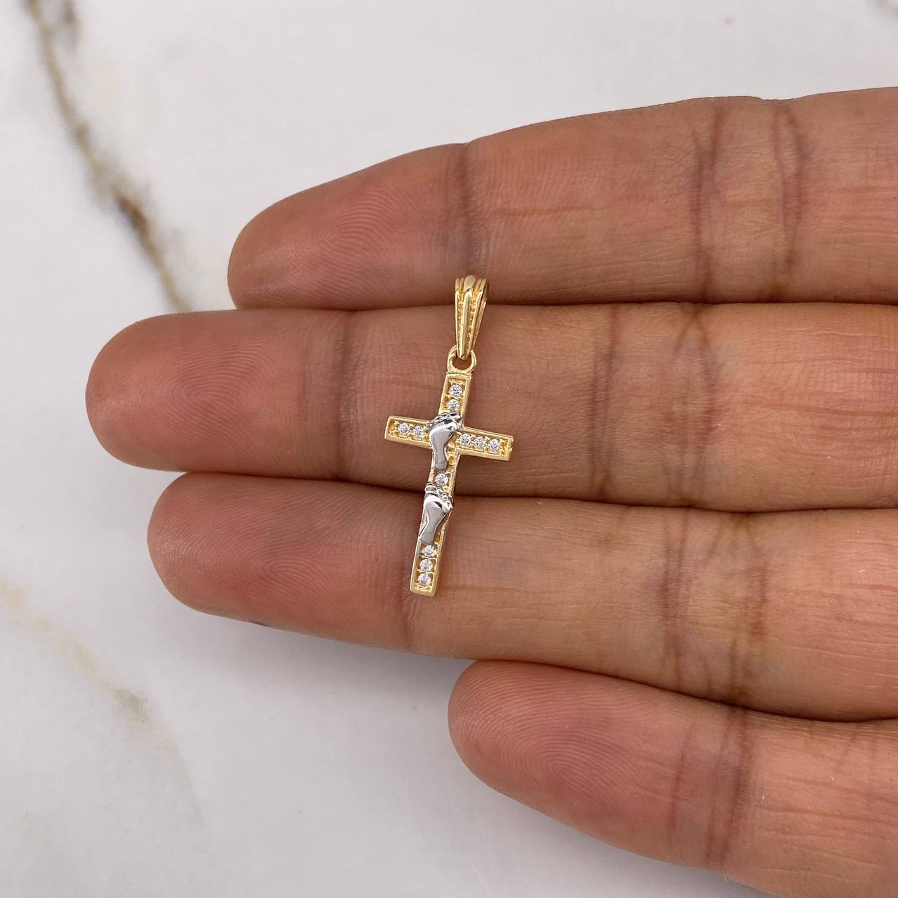 Pendant Cross Footprints 1.2gr / 2.7cm / White Zircons Two Yellow White Gold $