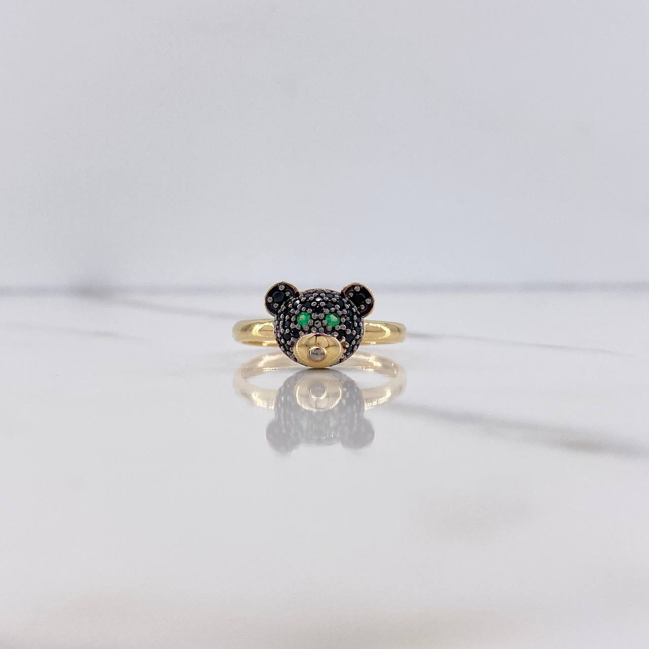 Bear Face Ring 2.6gr / Size 7 / Black and Green Zircons Yellow Gold $
