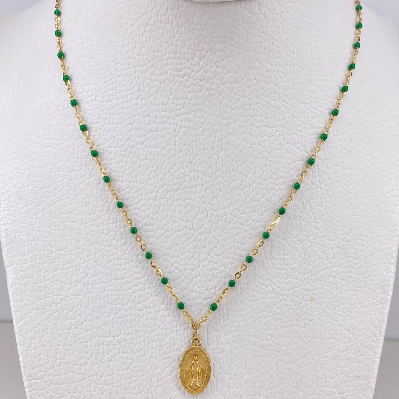 Classic Link Chain Virgen Milagrosa 2.6gr / 45cm / 1mm Beads Green Yellow Gold +3 18K &