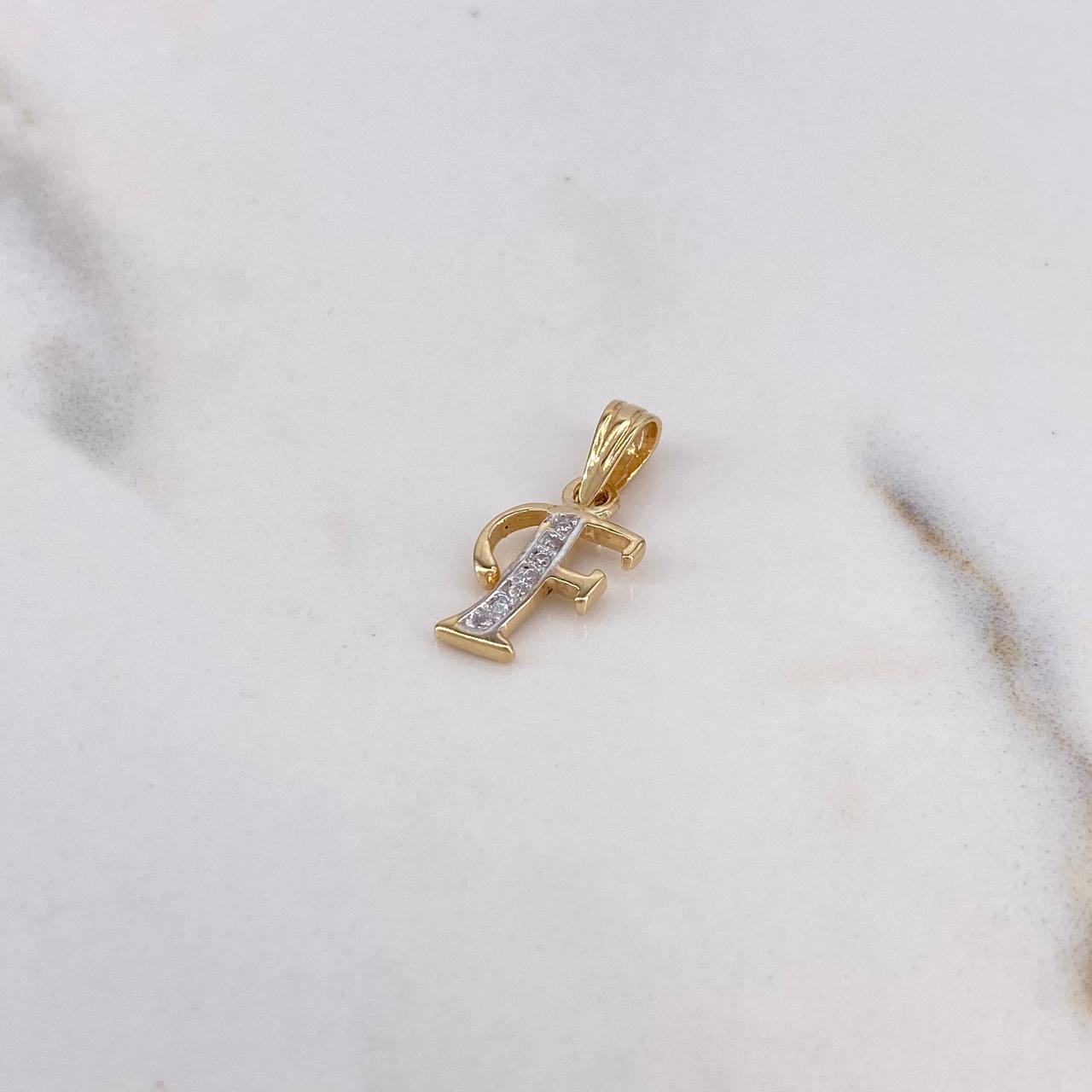 Pendant Letter F 0.75gr / 1.7cm / White Zirconia Two-tone Yellow and White Gold 18K $
