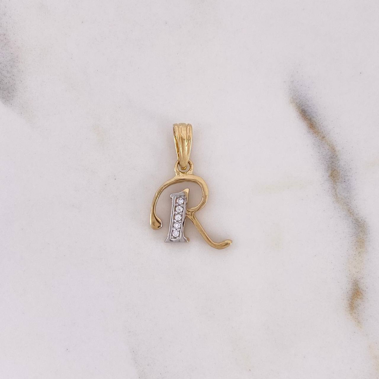 Pendant Letter R 0.8gr / 1.9cm / White Zircons Two-tone Yellow White 18K $