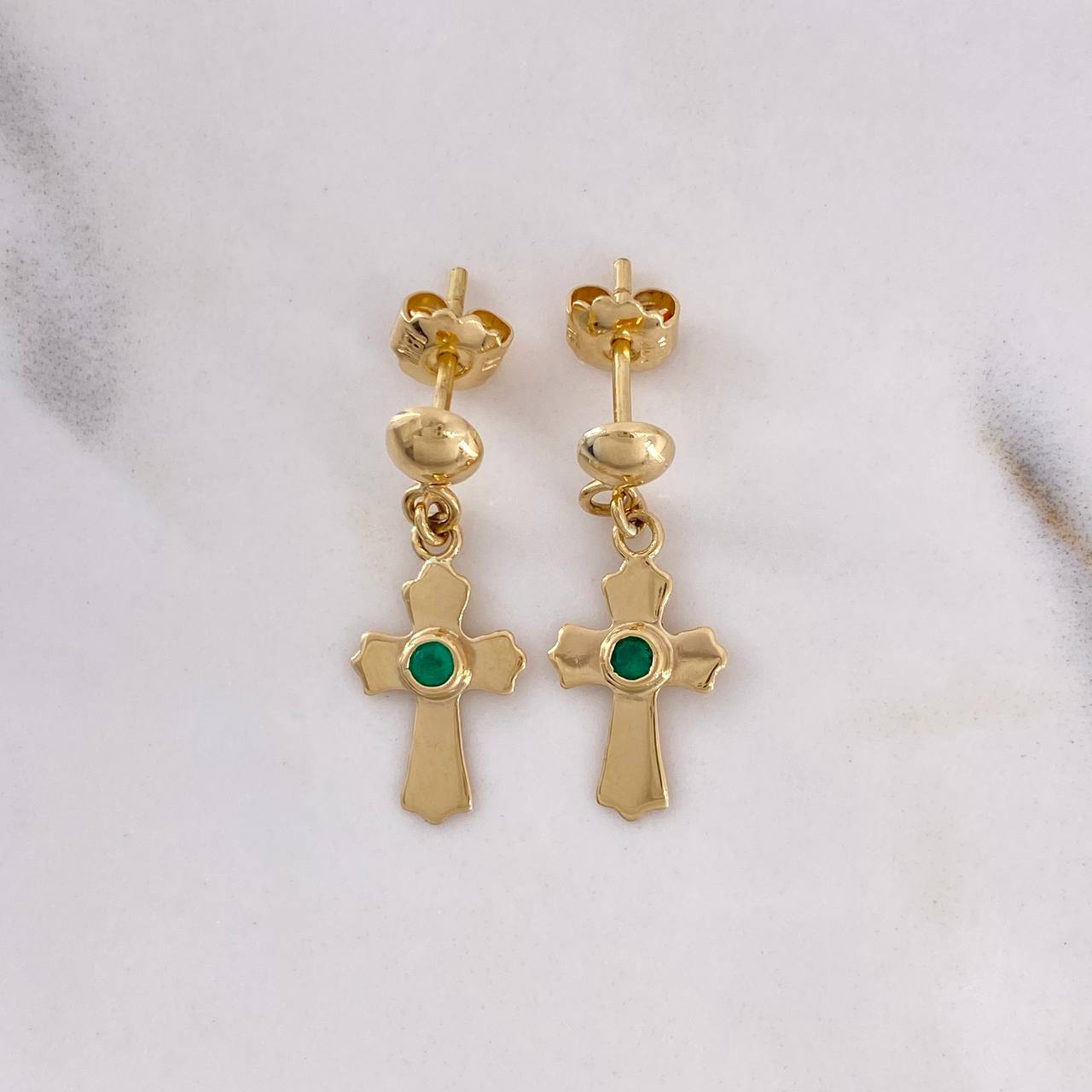 Stud Earrings Gothic Cross Earring 1.4gr / Emerald 6pts 18K Yellow Gold (Jewel) $