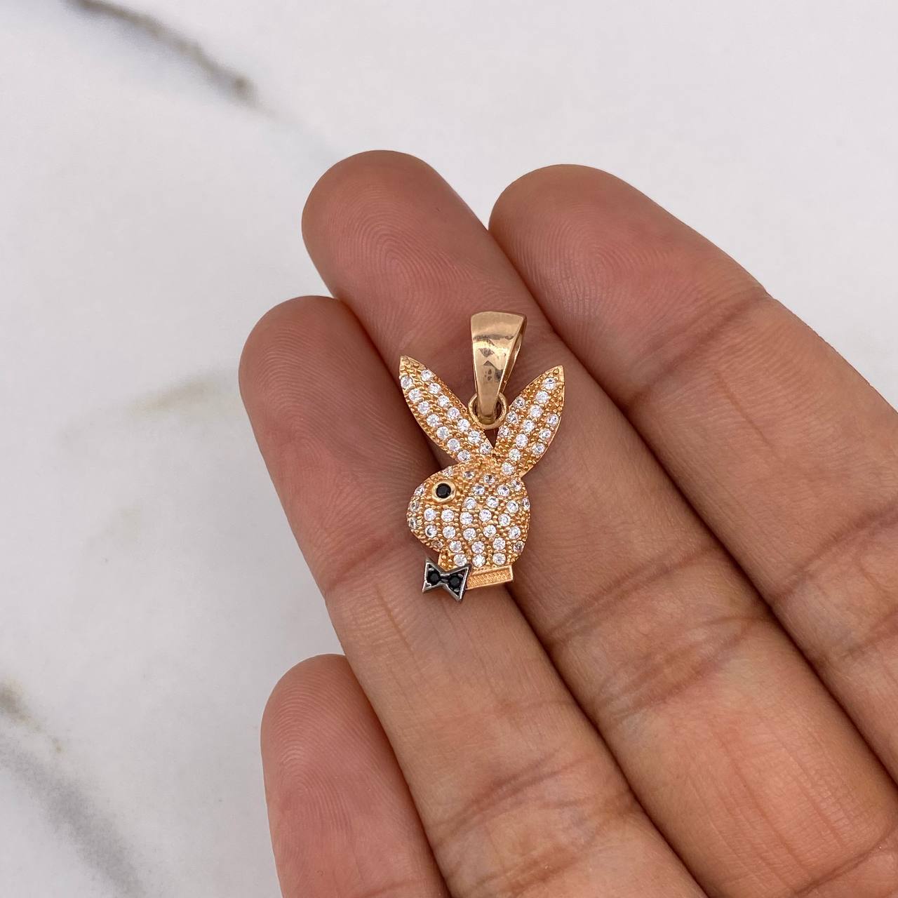 Pendant Rabbit 2.25gr / 2.3cm / White Black Zircons 18K Rose Gold #