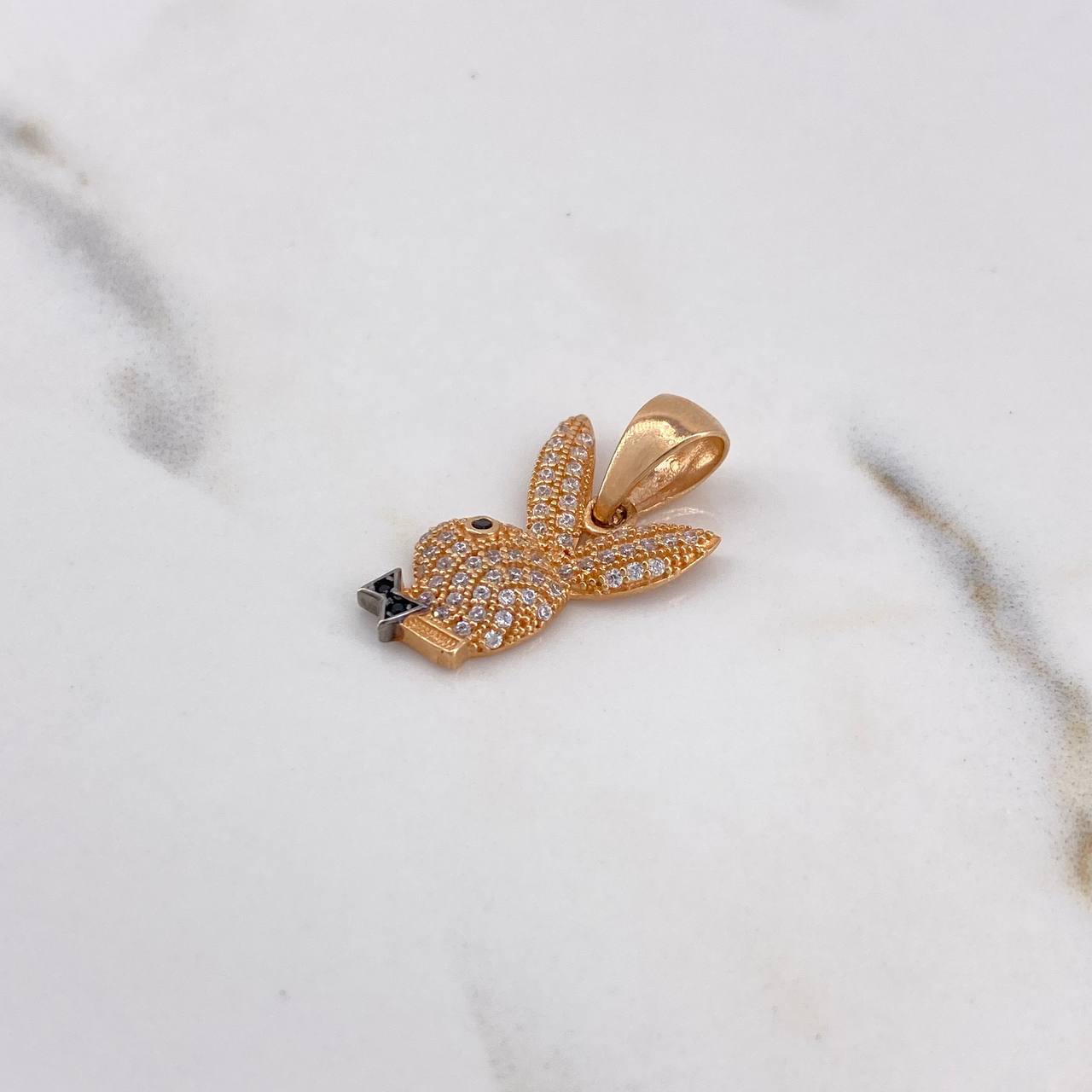 Pendant Rabbit 2.25gr / 2.3cm / White Black Zircons 18K Rose Gold #
