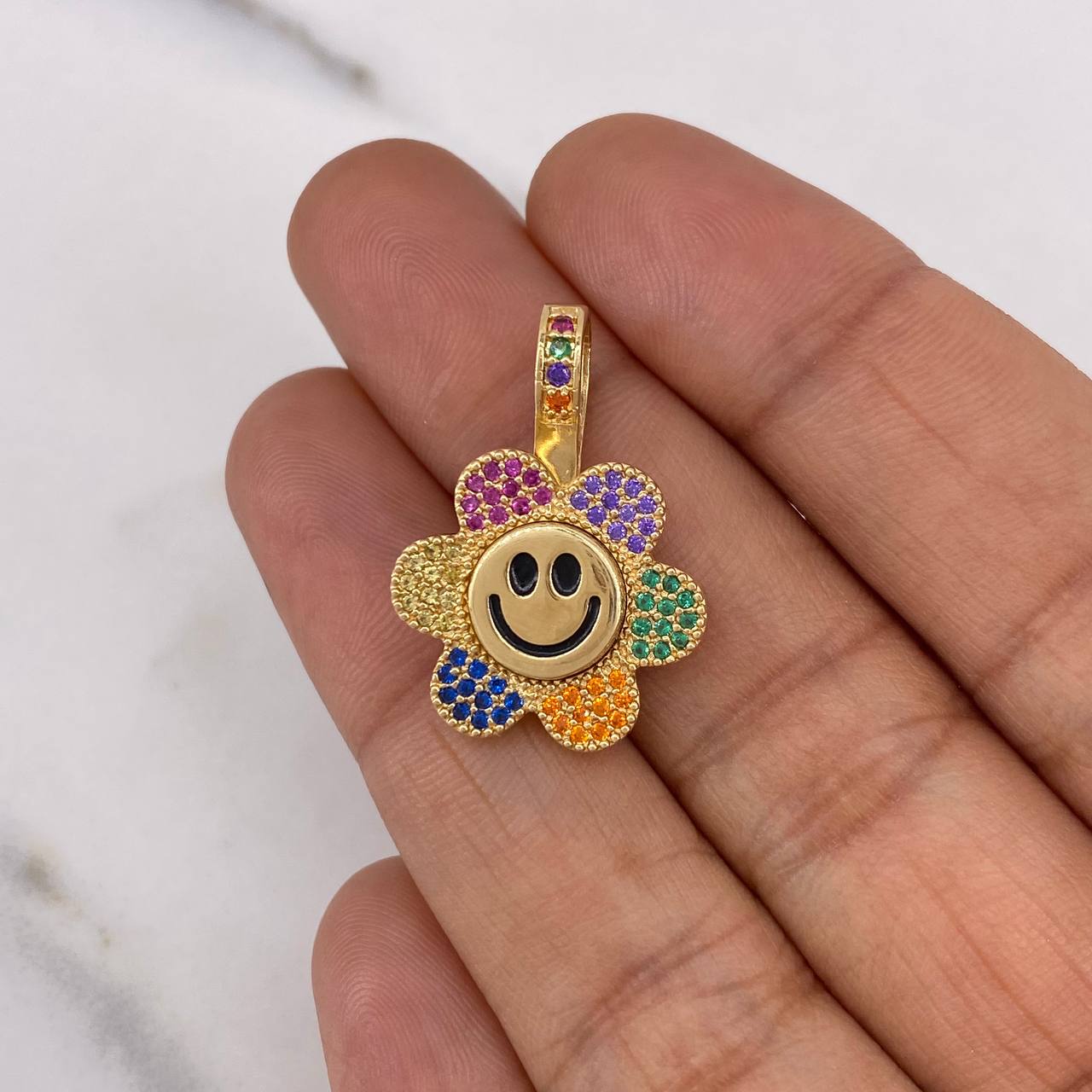 Pendant Animated Flower 4.5gr / 2.5cm / Colored Zircons 18K Yellow Gold #