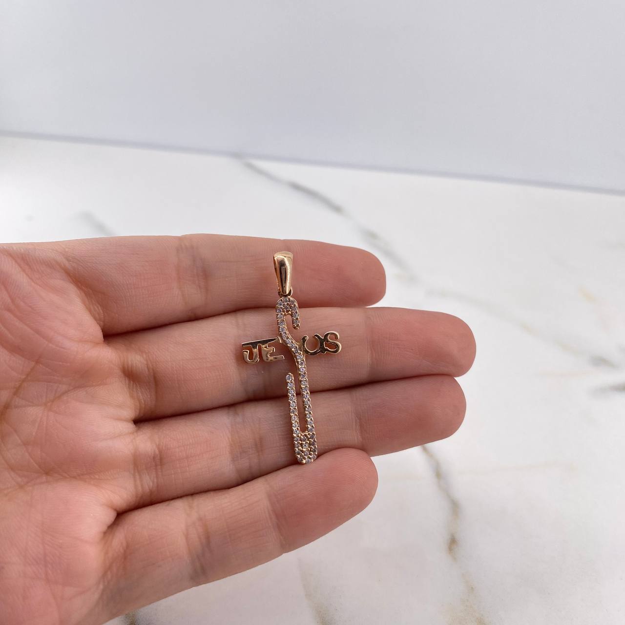 Pendant Jesus Cross 2.6gr / 3.7cm / White Zircons 18K Rose Gold #
