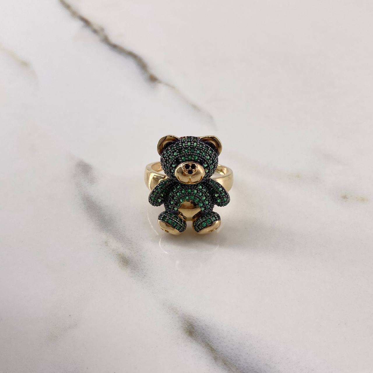 Bear Ring 8.05gr / Size 8 1/4 / Black Green Zircons Yellow Gold $
