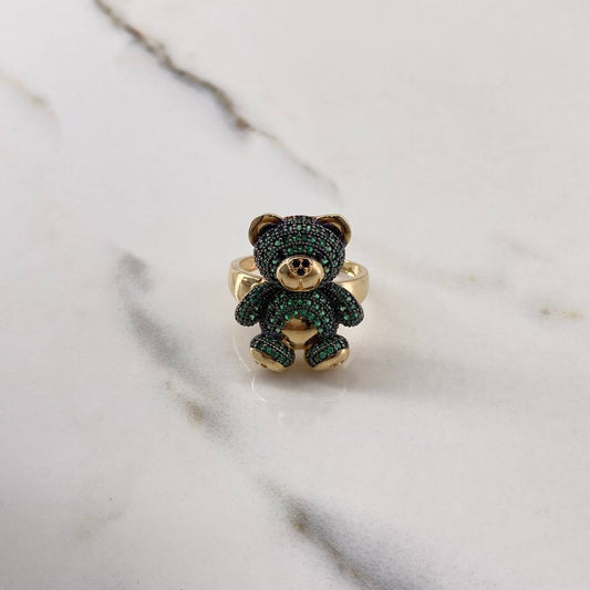 Bear Ring 8.05gr / Size 8 1/4 / Black Green Zircons Yellow Gold $