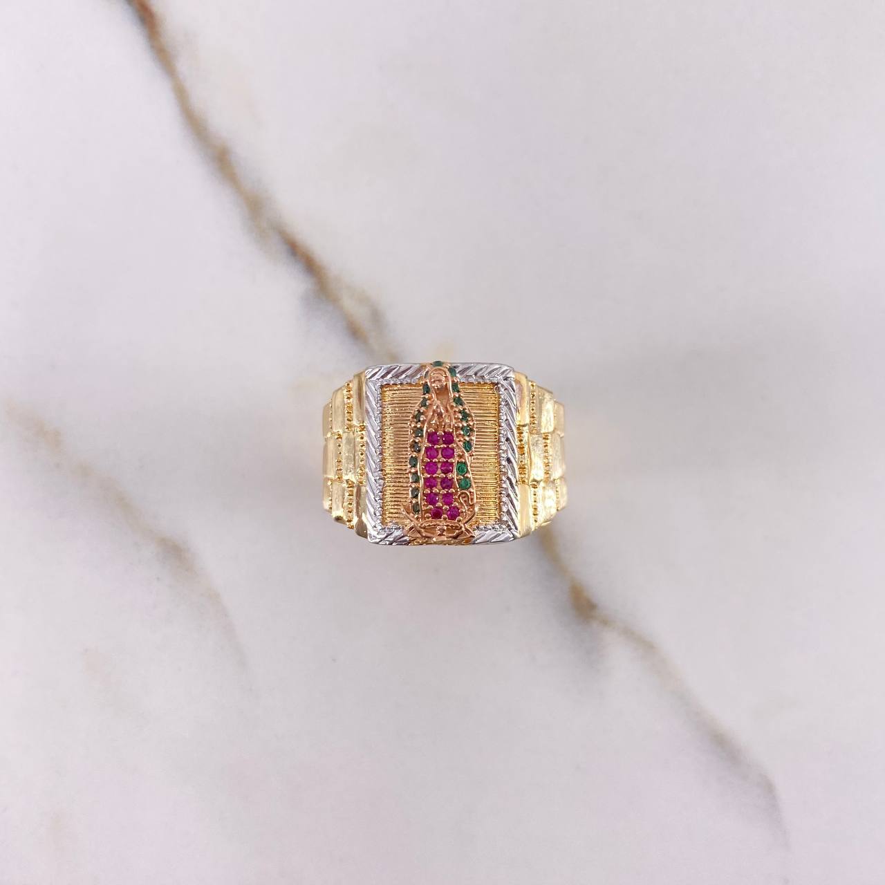 Virgin Guadalupe Ring 10.9gr / Size 10 / Green and Fuchsia Zircons Three Golds