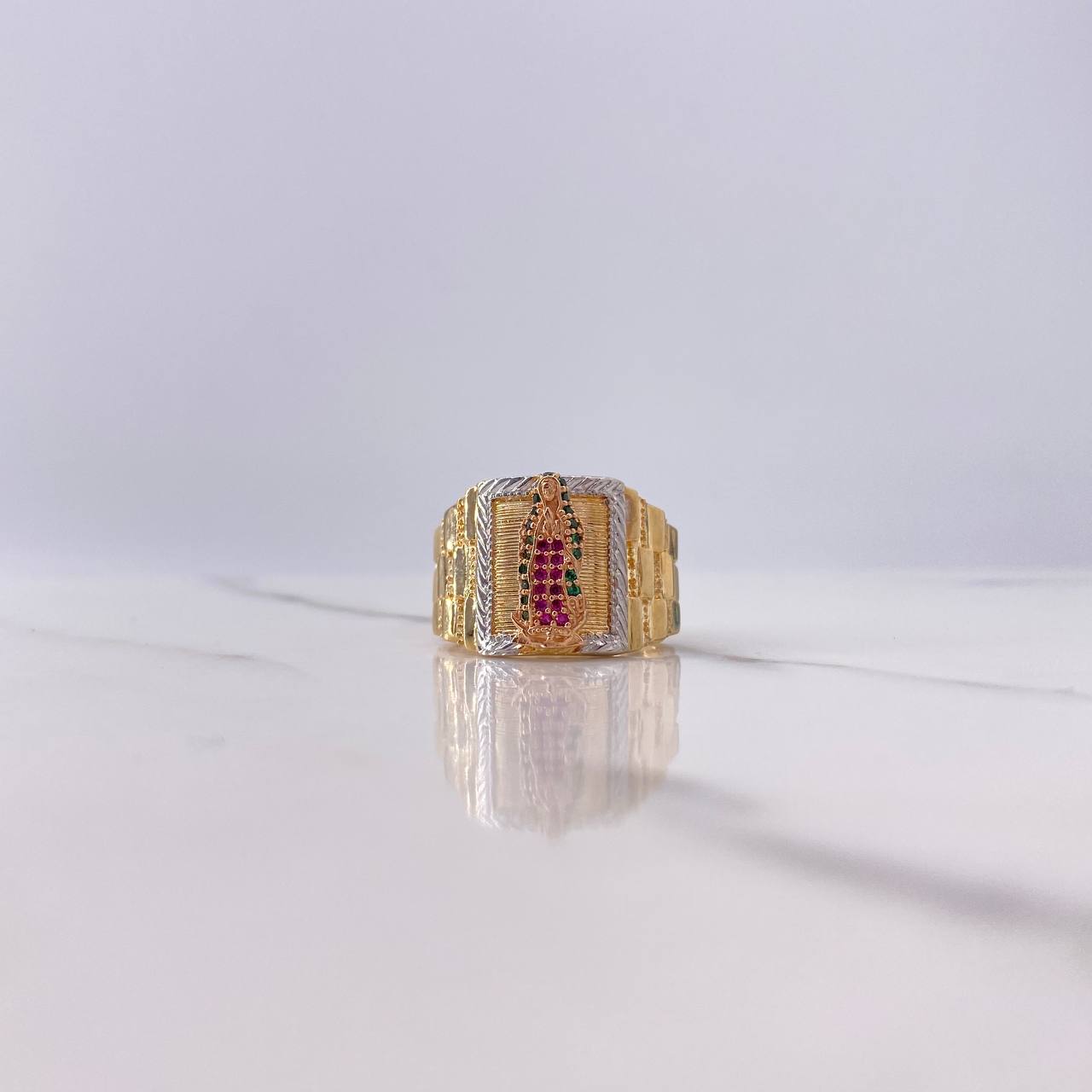 Virgin Guadalupe Ring 10.9gr / Size 10 / Green and Fuchsia Zircons Three Golds