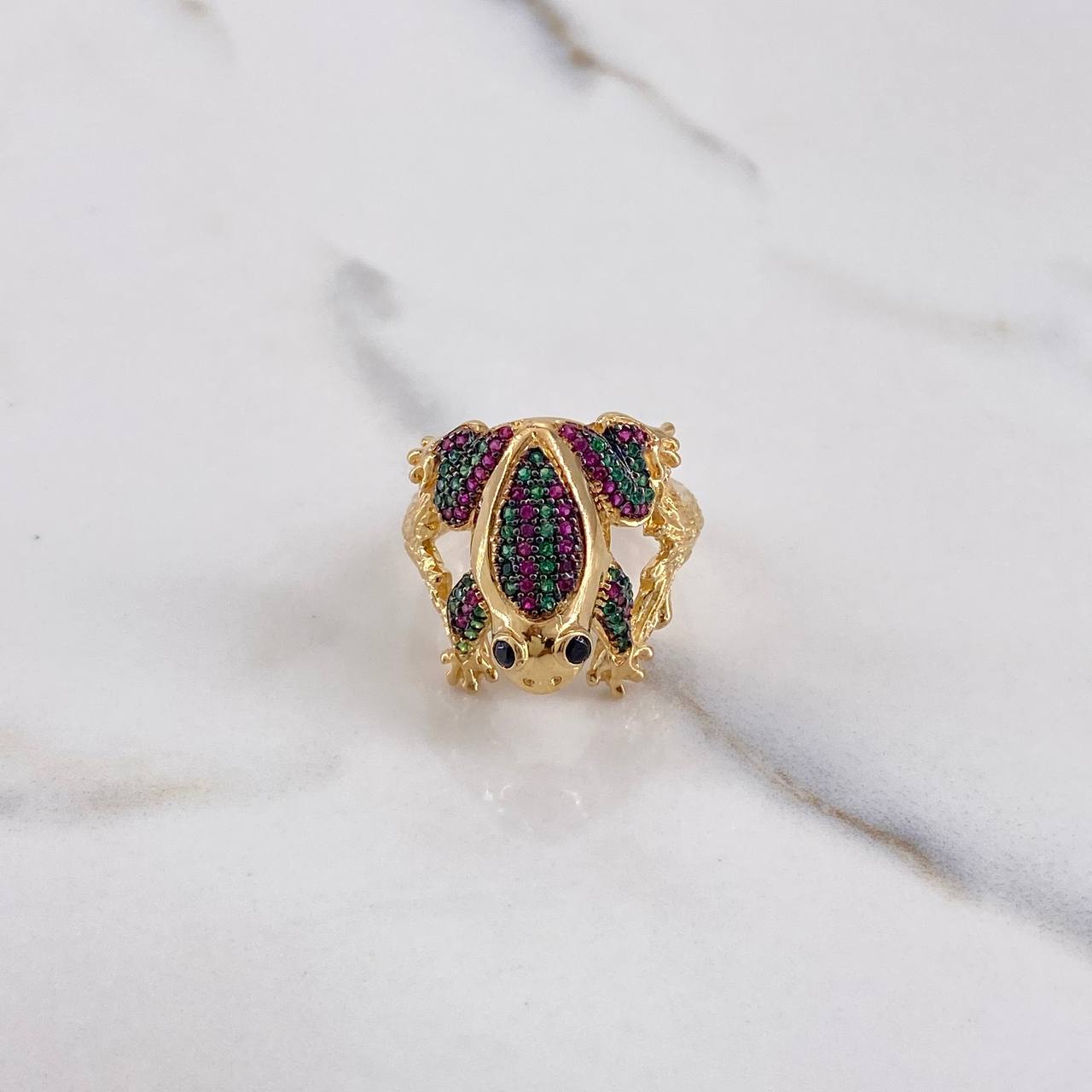 Frog Ring 8.45gr / Size 7 1/4 / Green Fuchsia Zircons Yellow Gold $