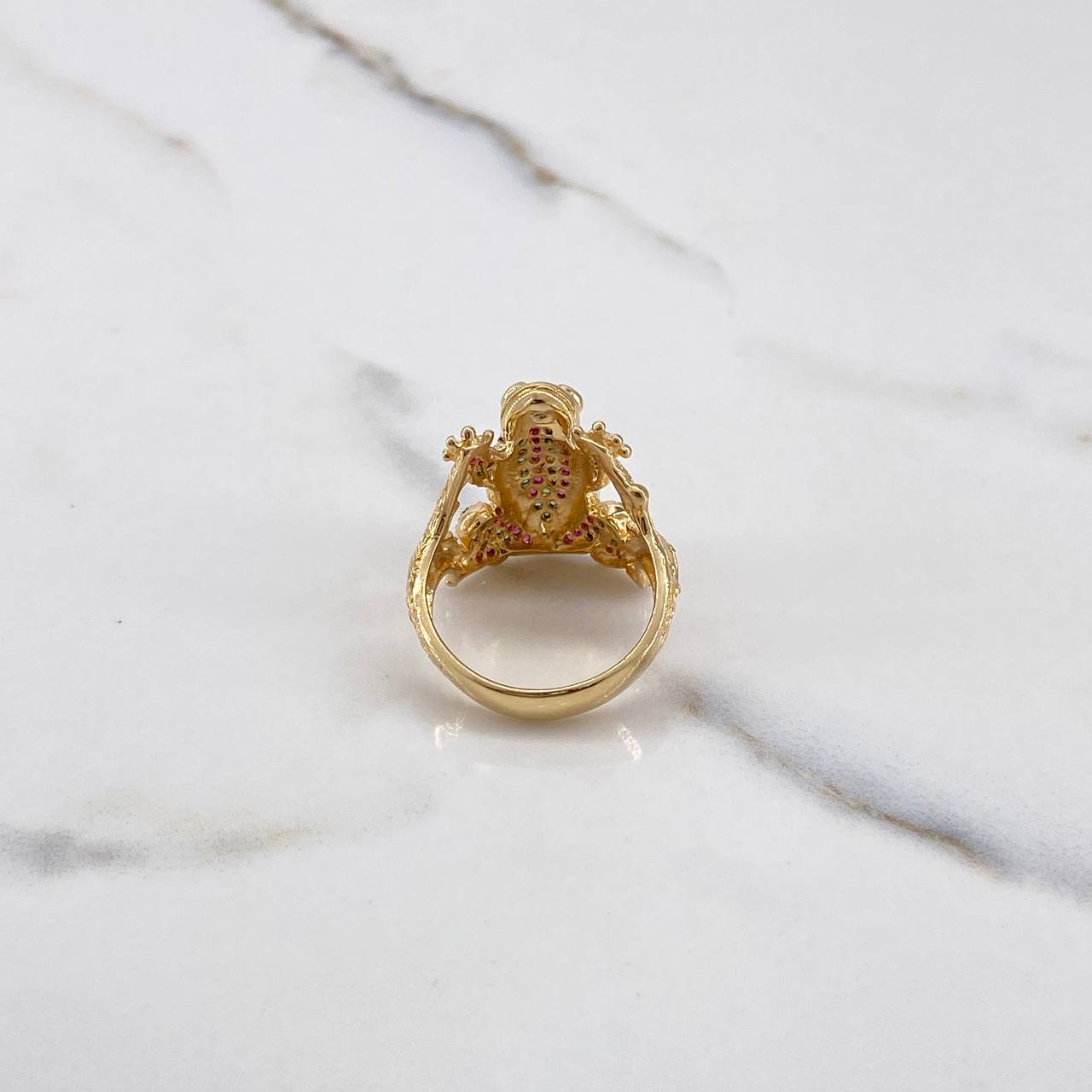 Frog Ring 8.45gr / Size 7 1/4 / Green Fuchsia Zircons Yellow Gold $